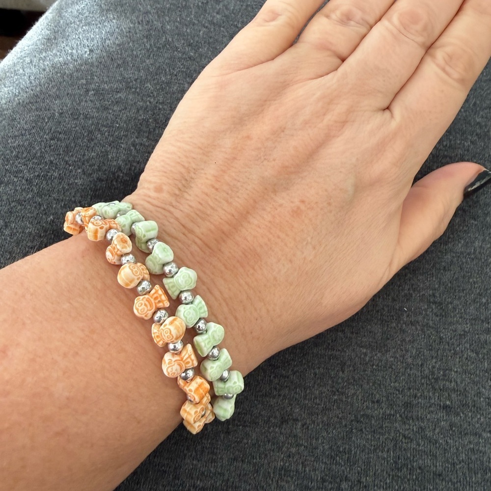 Green and Orange Buddha Bead Bracelet Set of 2